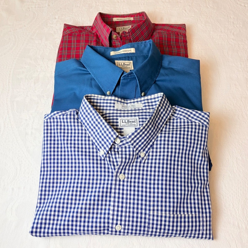 L.L. Bean Mens XL Shirt Lot 3 Wrinkle Free Plaid Gingham Blue Cotton Button Down